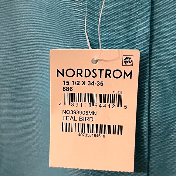 NWT Nordstrom Men's Dress Shirt 15.5 Trim Fit Non-Iron Teal Bird Supima Cotton - Picture 3 of 8
